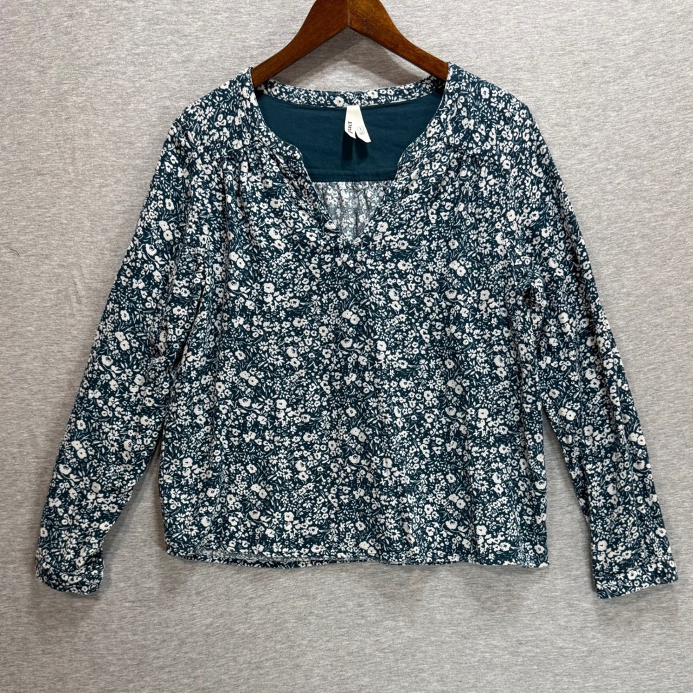 Pact Floral Blouse Womens Small Teal Organic Cotton V-Neck Sustainable Boho